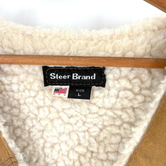 Steer Brand Mens Suede Leather Vest L Sherpa Lining Tan Western Camp Farm Work - Picture 3 of 5